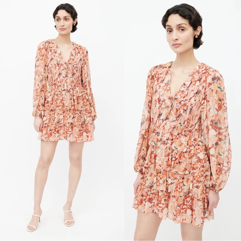 Ulla Johnson Tamara Floral Blouson Sleeve Silk Metallic Dress Coral 6